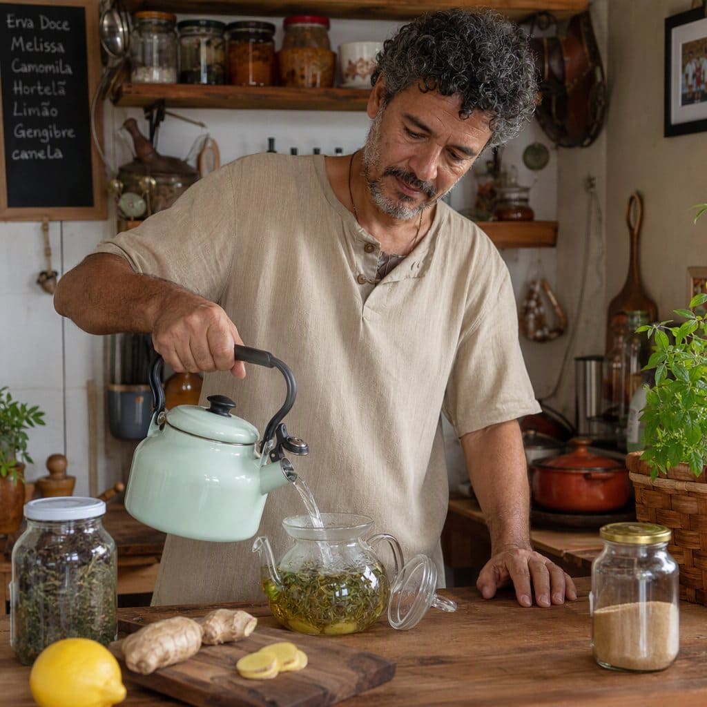 Cliente preparando infusão do guia na cozinha